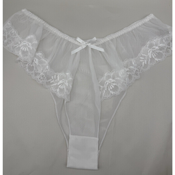Women's Lace Sheer Ruffle Thong Panties Bowknot Mid Rise Comfortable Underwear M - Picture 1 of 11